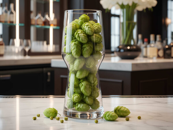 a craft beer ipa glass full of hops.