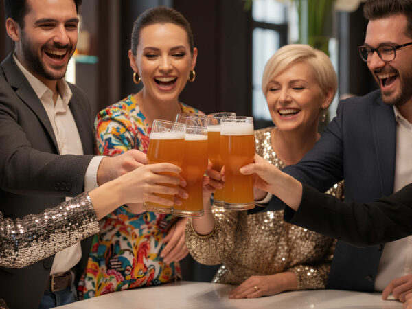 friends toasting, smiling, laughing, with ipa beer glasses