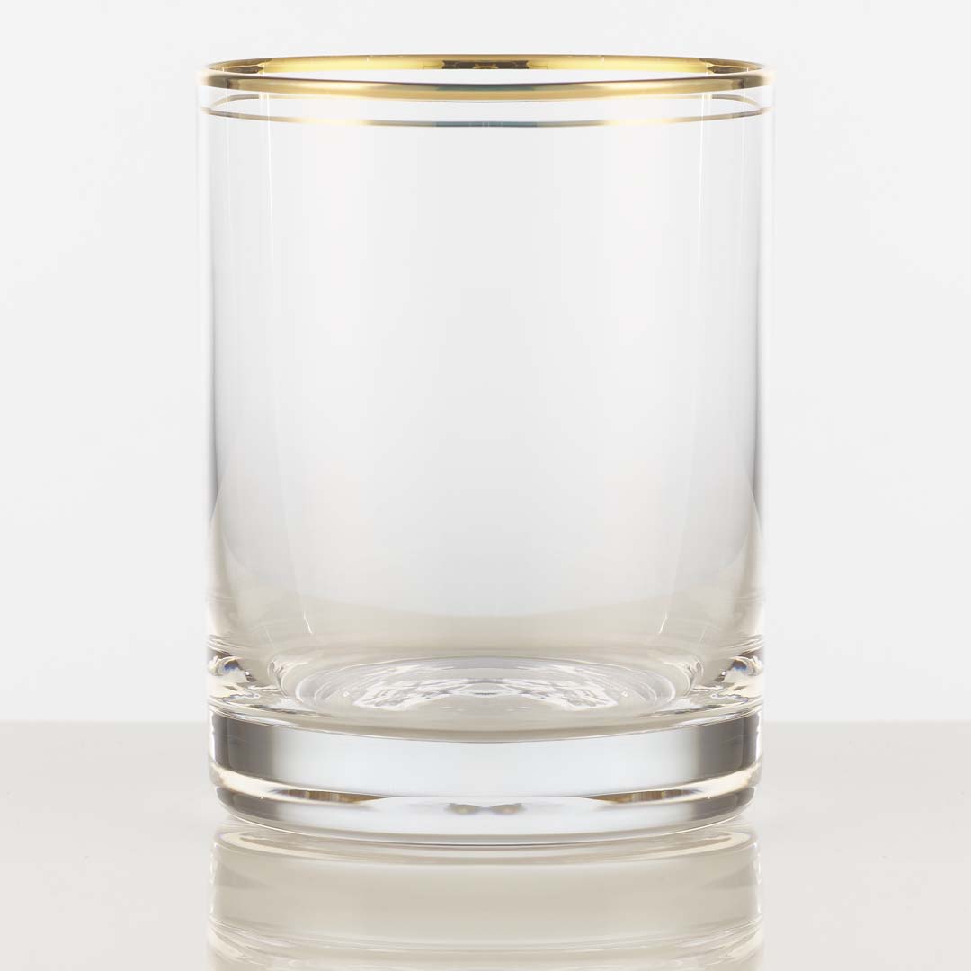 hand painted gold rimmed 11.75 ounce whisky double old fashion glass on a white background.