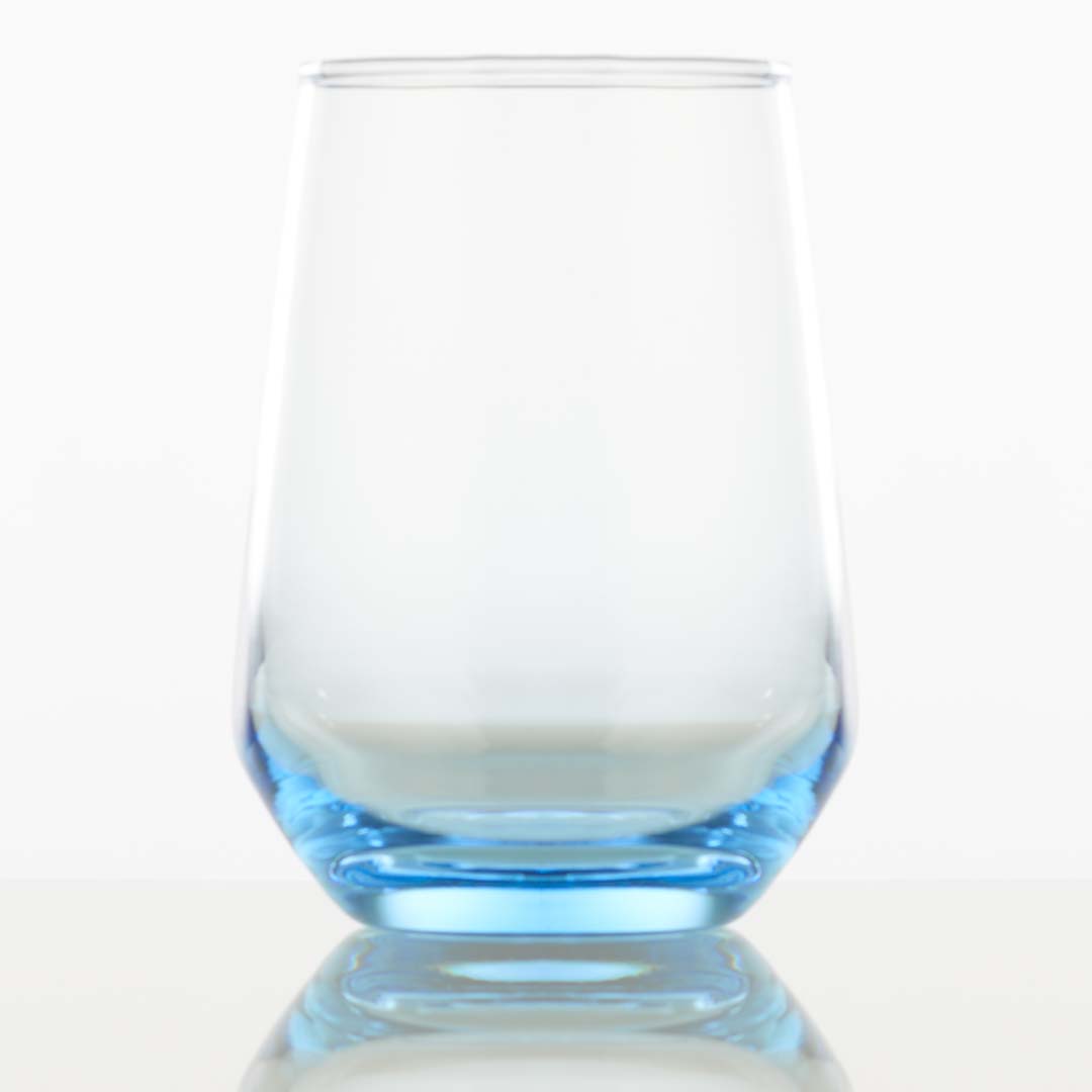 13oz tumbler glass with blue accent and heavy bottom. Italian style glass.