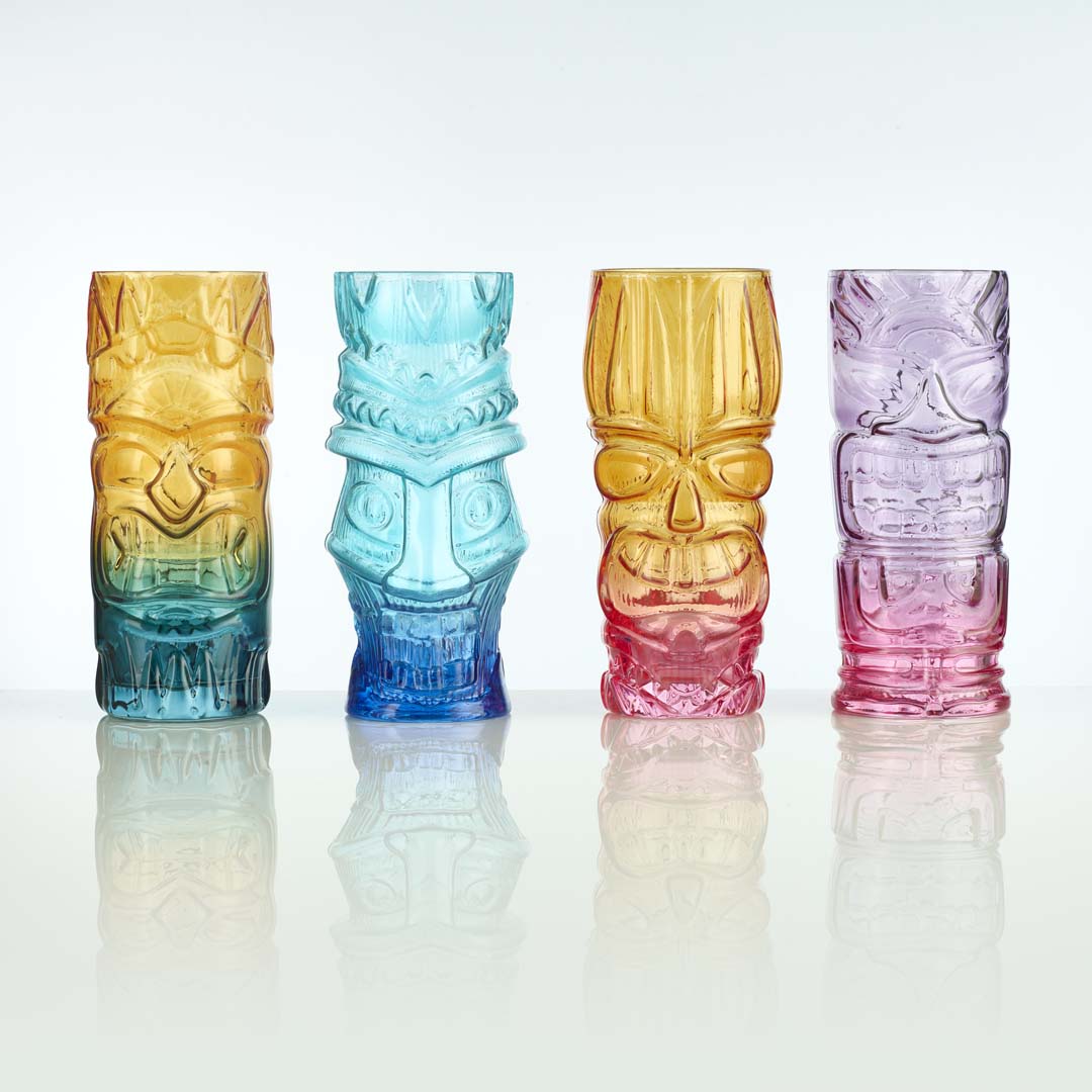set of 4 multicolor 16oz tiki glasses for fun and fruity beverages under the sun