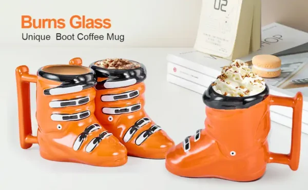 side and back view of the 14oz ceramic ski boot mug