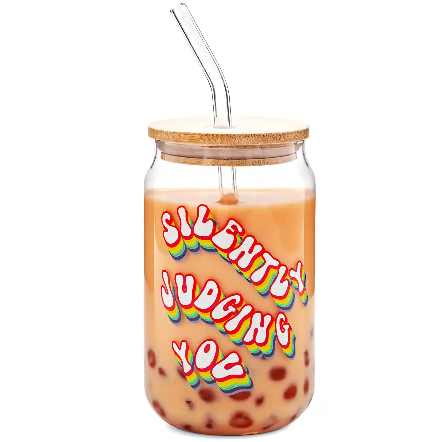 soda can style glass with the phrase 'silently judging you' printed on the front with a bamboo wooden top. 16 oz straw included.