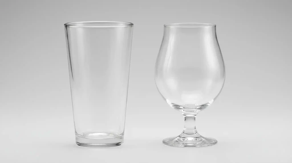 Comparison of an open-rim shaker pint glass next to a tapered-rim tulip beer glass showing different geometries.